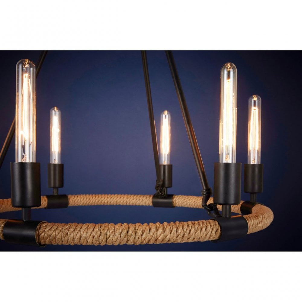 Townhouse 6 Bulb Chandelier, Iron, Linen Rope, Black