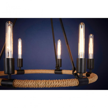 Townhouse 6 Bulb Chandelier, Iron, Linen Rope, Black