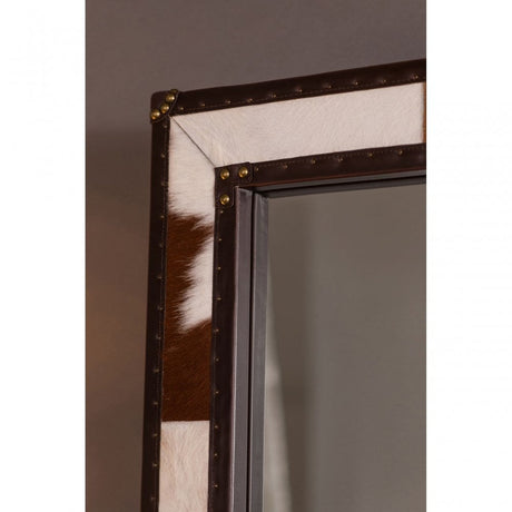 Brown/White Genuine Cowhide Wall Mirror, Cowhide, Mirrored Glass, Stainless Steel, Brown