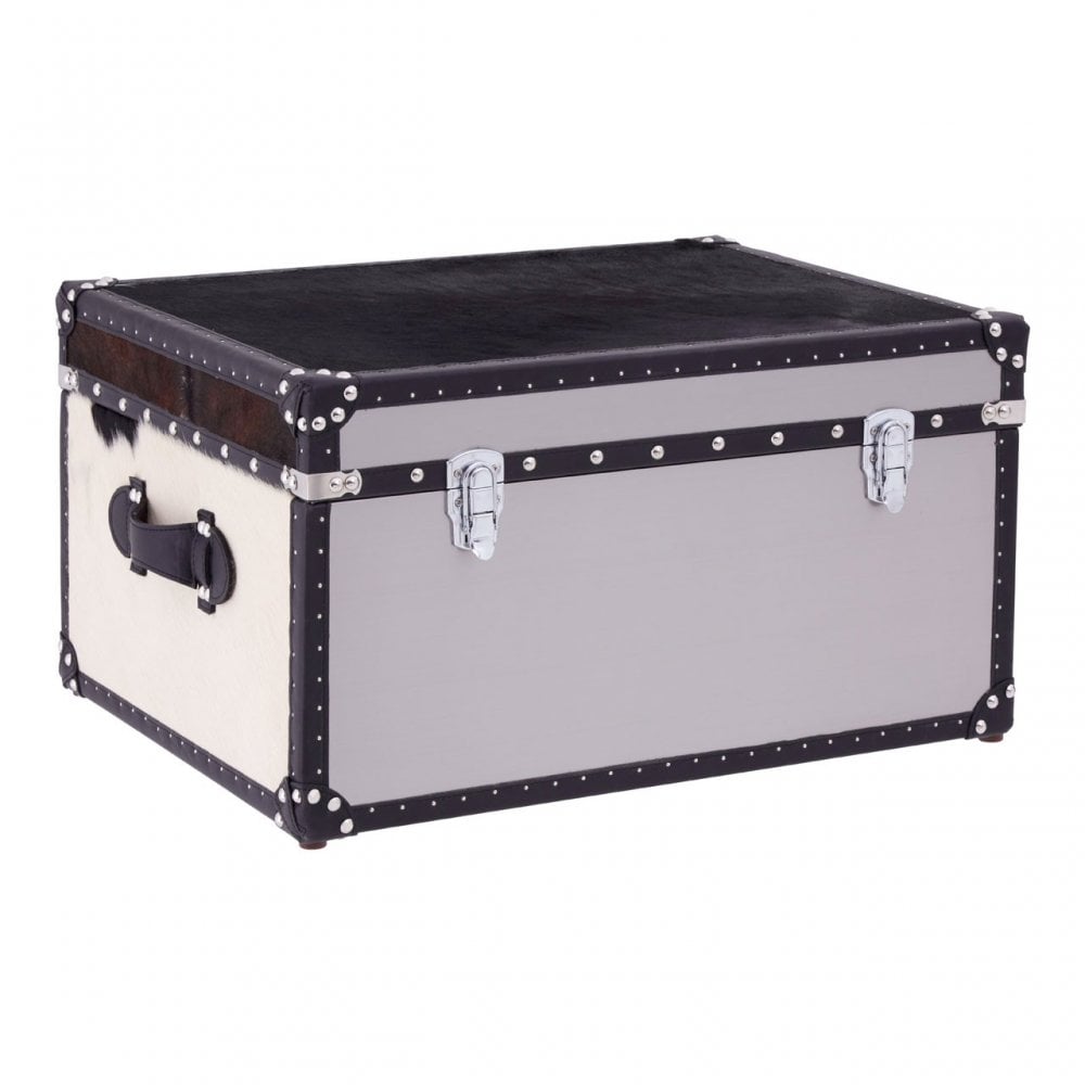 Black / White Genuine Cowhide Storage Trunk, Cowhide, Stainless Steel, Black