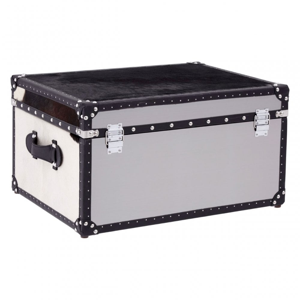Black / White Genuine Cowhide Storage Trunk, Cowhide, Stainless Steel, Black