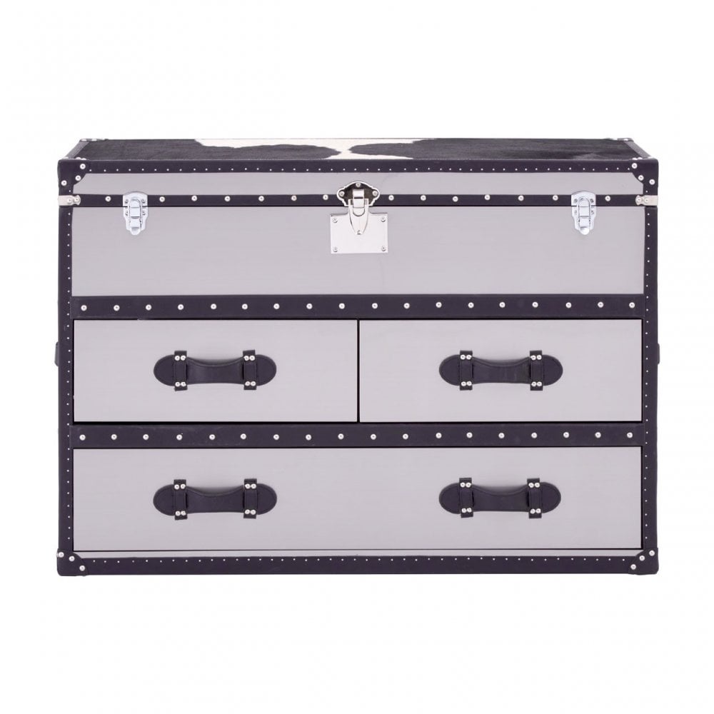 Black/White Genuine Cowhide 3 Drawer Cabinet, Cowhide, Stainless Steel, Black