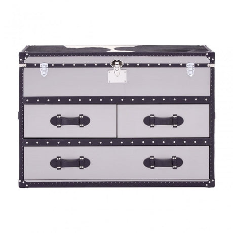 Black/White Genuine Cowhide 3 Drawer Cabinet, Cowhide, Stainless Steel, Black