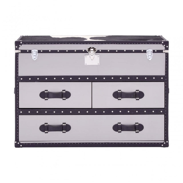 Black/White Genuine Cowhide 3 Drawer Cabinet, Cowhide, Stainless Steel, Black