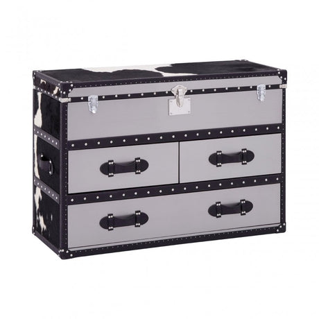 Black/White Genuine Cowhide 3 Drawer Cabinet, Cowhide, Stainless Steel, Black