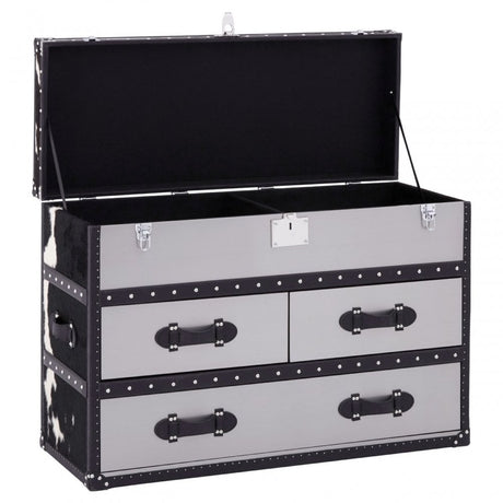 Black/White Genuine Cowhide 3 Drawer Cabinet, Cowhide, Stainless Steel, Black