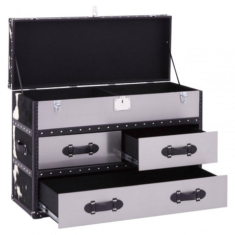 Black/White Genuine Cowhide 3 Drawer Cabinet, Cowhide, Stainless Steel, Black