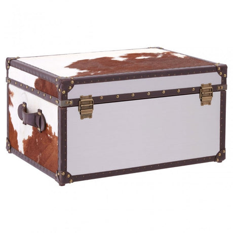 Brown / White Genuine Cowhide Storage Trunk, Cowhide, Stainless Steel, Brown
