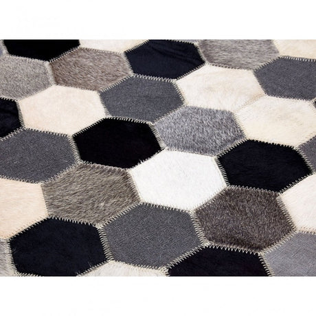 Safira Small Black / White / Grey Patchwork Rug, Genuine Leather, Wool, Black