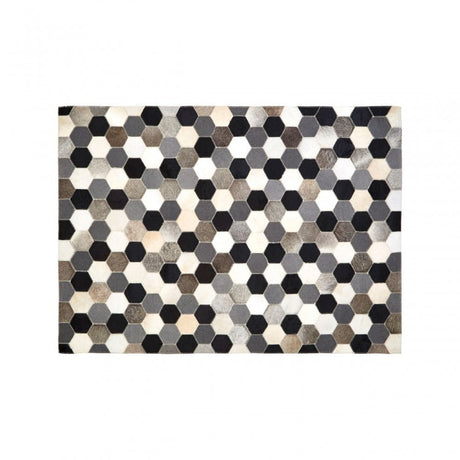 Safira Small Black / White / Grey Patchwork Rug, Genuine Leather, Wool, Black