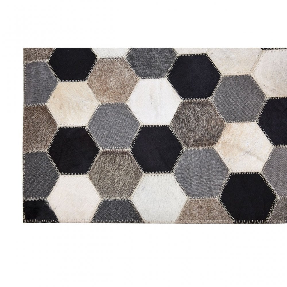 Safira Large Black / White / Grey Patchwork Rug, Genuine Leather, Wool, Black