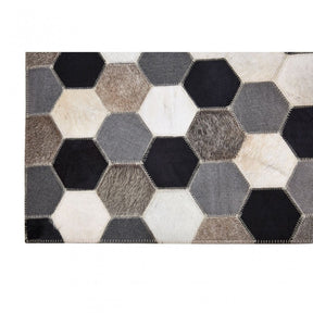 Safira Large Black / White / Grey Patchwork Rug, Genuine Leather, Wool, Black
