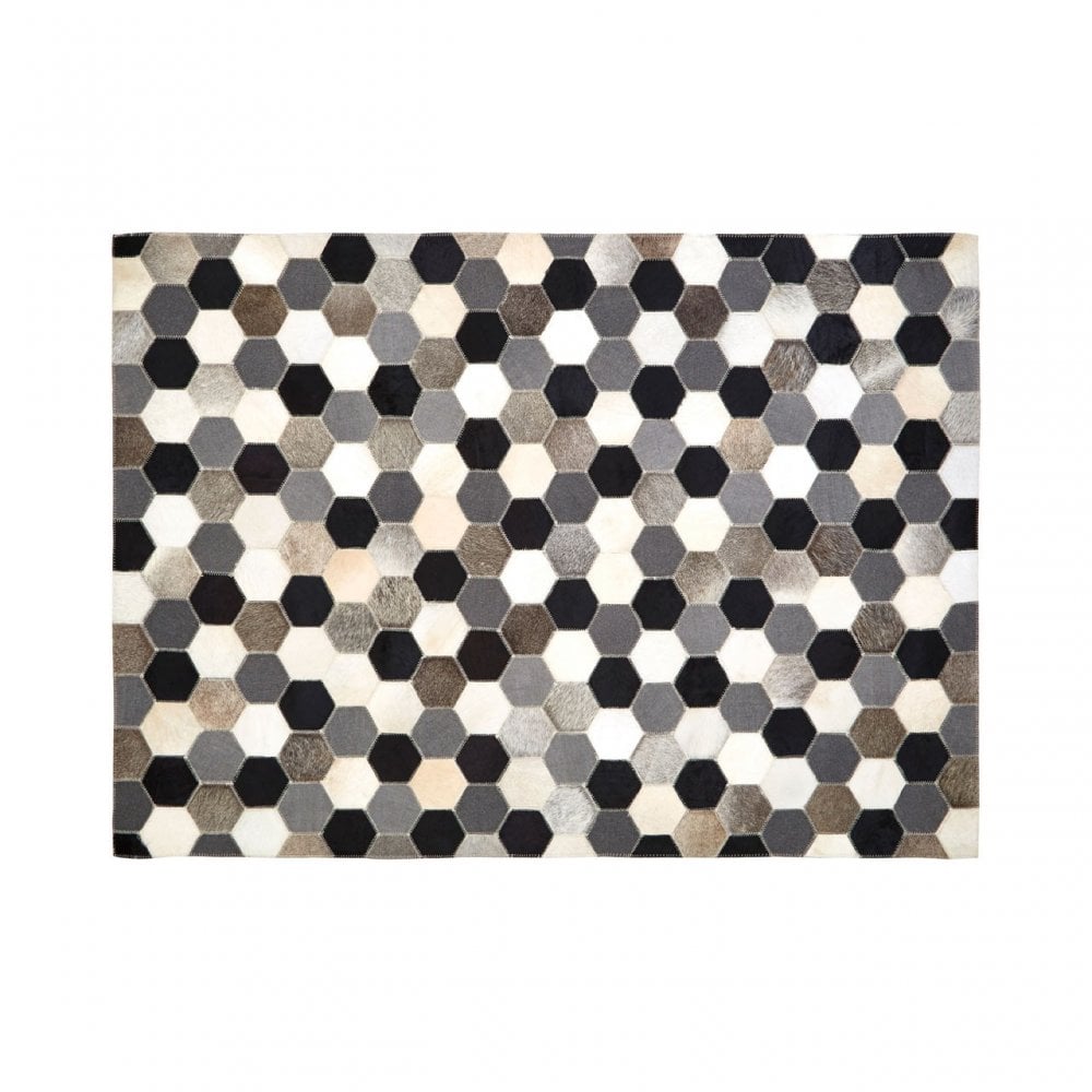 Safira Large Black / White / Grey Patchwork Rug, Genuine Leather, Wool, Black