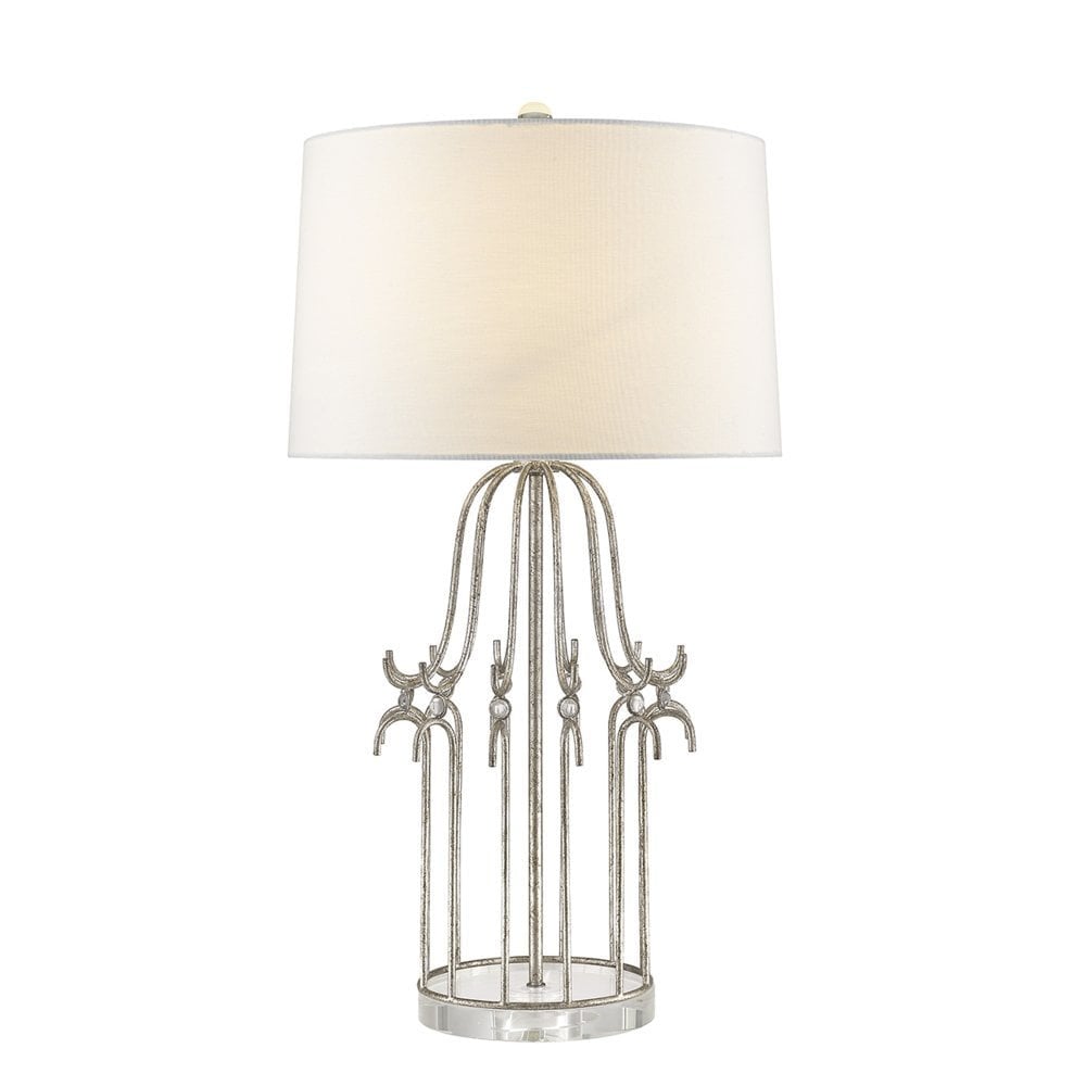 Stella Collection: Distressed Silver Table Lamp with Crystal Accents and Linen Drum Shade