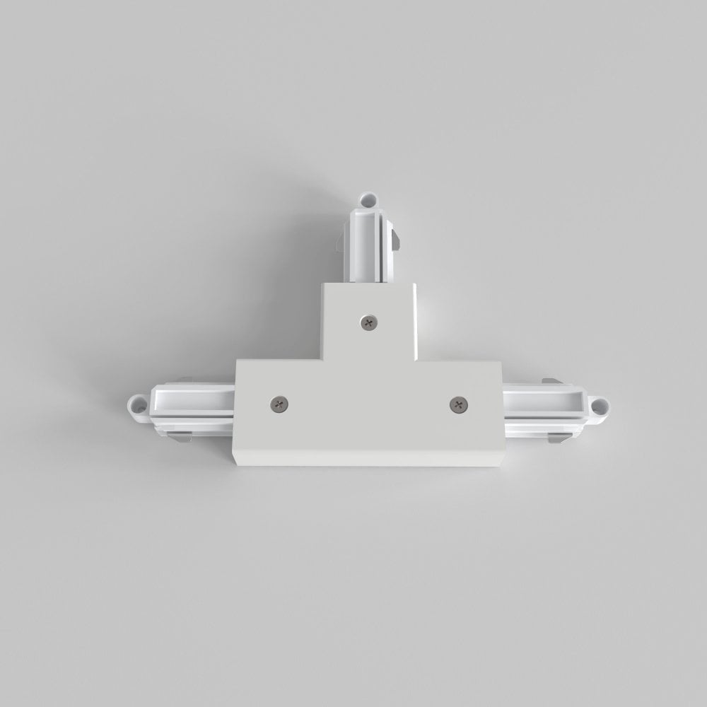 White T-Connector for Track Lighting with Right Nearside Earth Configuration