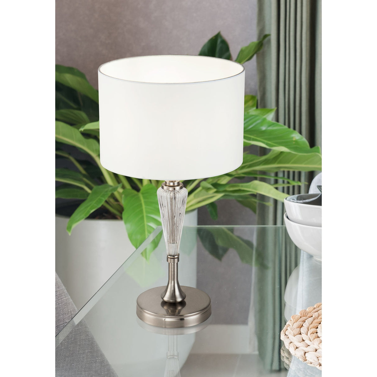 Sleek Alicante Nickel & Glass Table Lamp with Fabric Shade