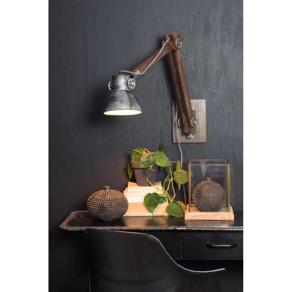 Vintage Industrial Wall-Mounted Desk Lamp in Silver and Wood - 58x18x55cm