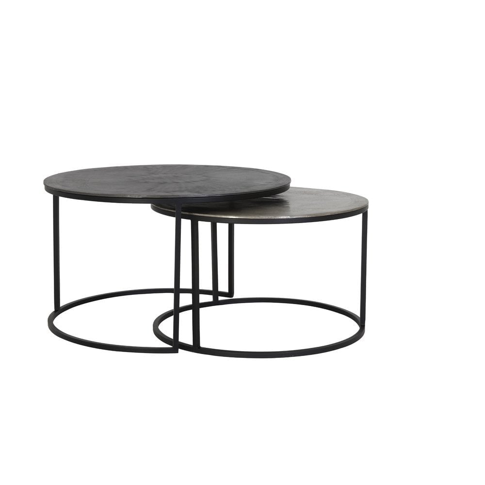 Round Nesting Coffee Table Duo in Raw Lead and Antique Finish