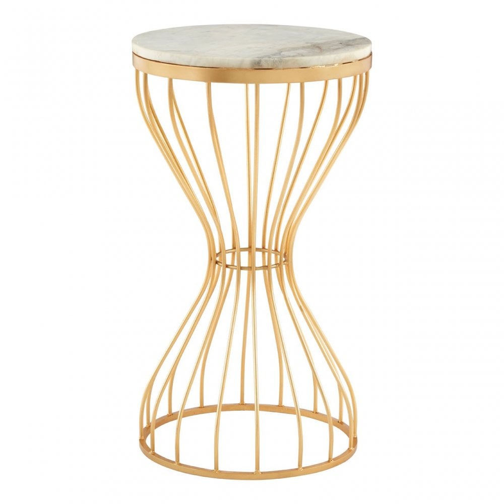 Hamish White Marble Pinched Base Iron Table  Gold