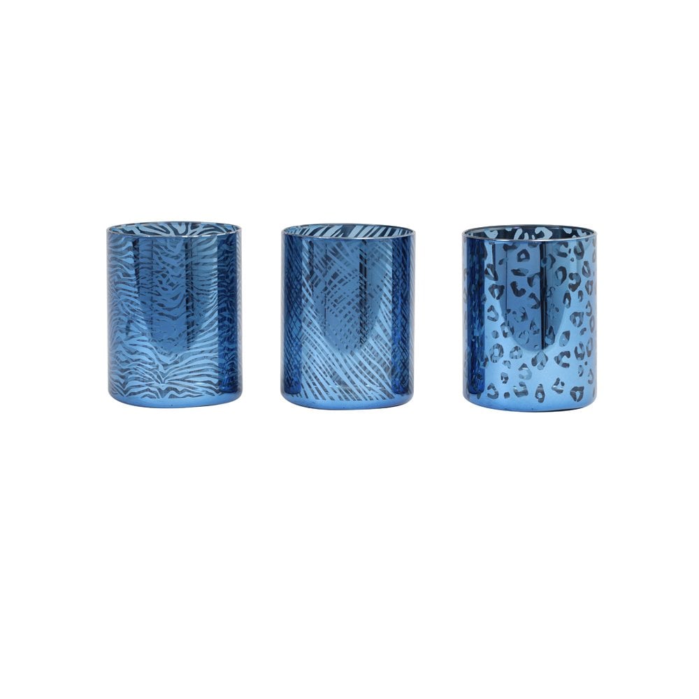Set of 3 Blue and Silver Glass Tealight Holders - Penza Collection