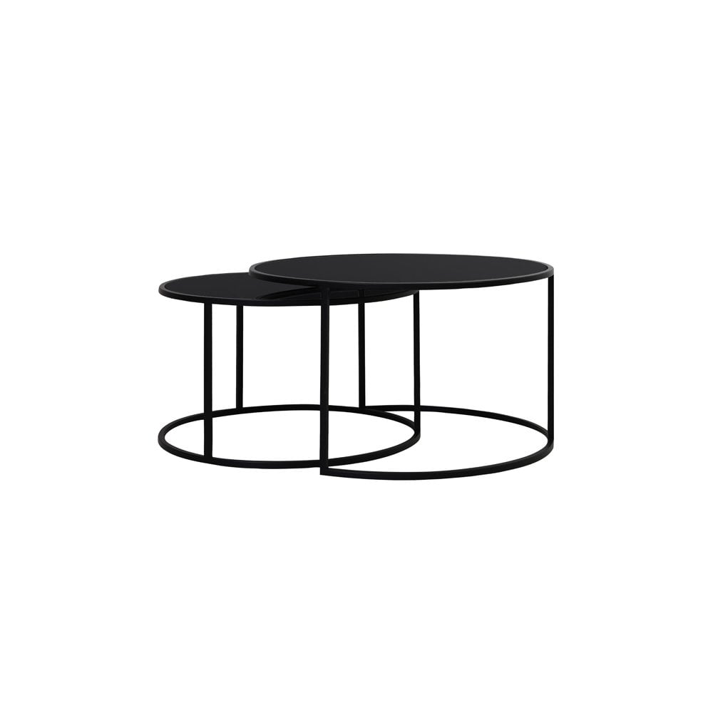 Round Black Glass & Metal Coffee Table Set - Duarte Collection (65x39 & 75x44cm)