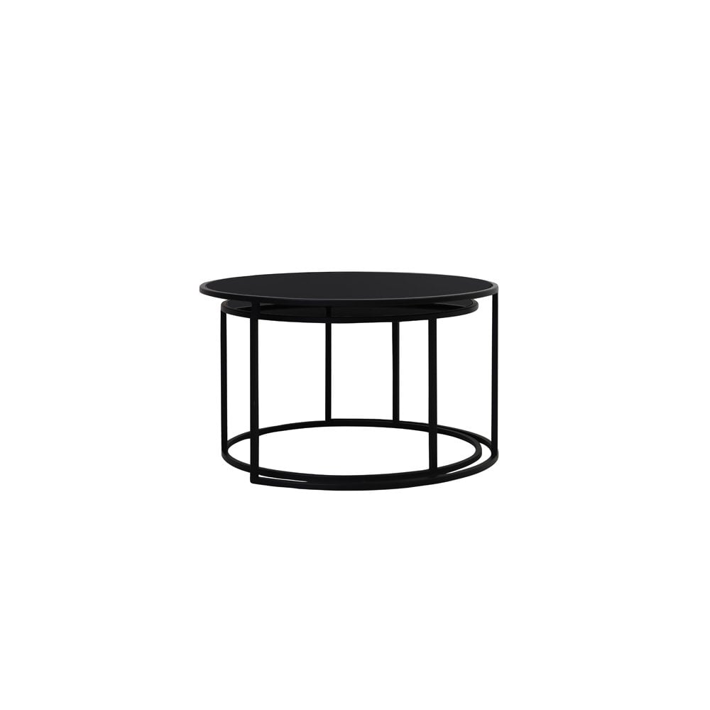 Round Black Glass & Metal Coffee Table Set - Duarte Collection (65x39 & 75x44cm)