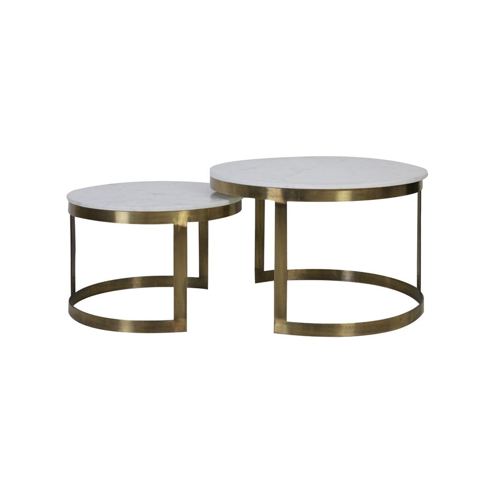 Elegant Round Coffee Table Set with Perlato Marble Tops and Antique Brass Base