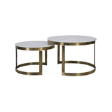 Elegant Round Coffee Table Set with Perlato Marble Tops and Antique Brass Base