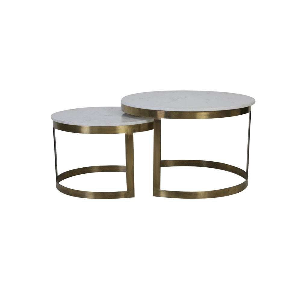 Elegant Round Coffee Table Set with Perlato Marble Tops and Antique Brass Base