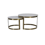 Elegant Round Coffee Table Set with Perlato Marble Tops and Antique Brass Base