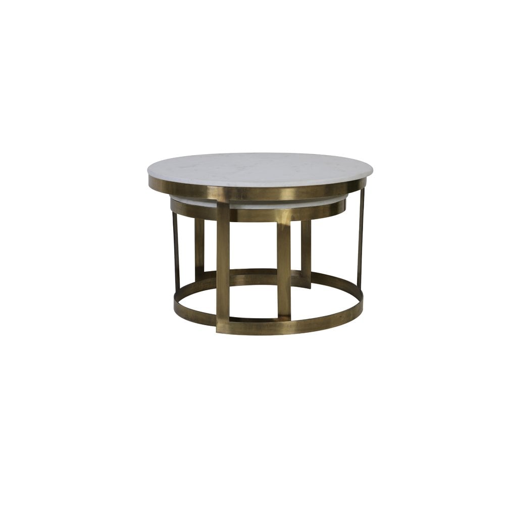 Elegant Round Coffee Table Set with Perlato Marble Tops and Antique Brass Base