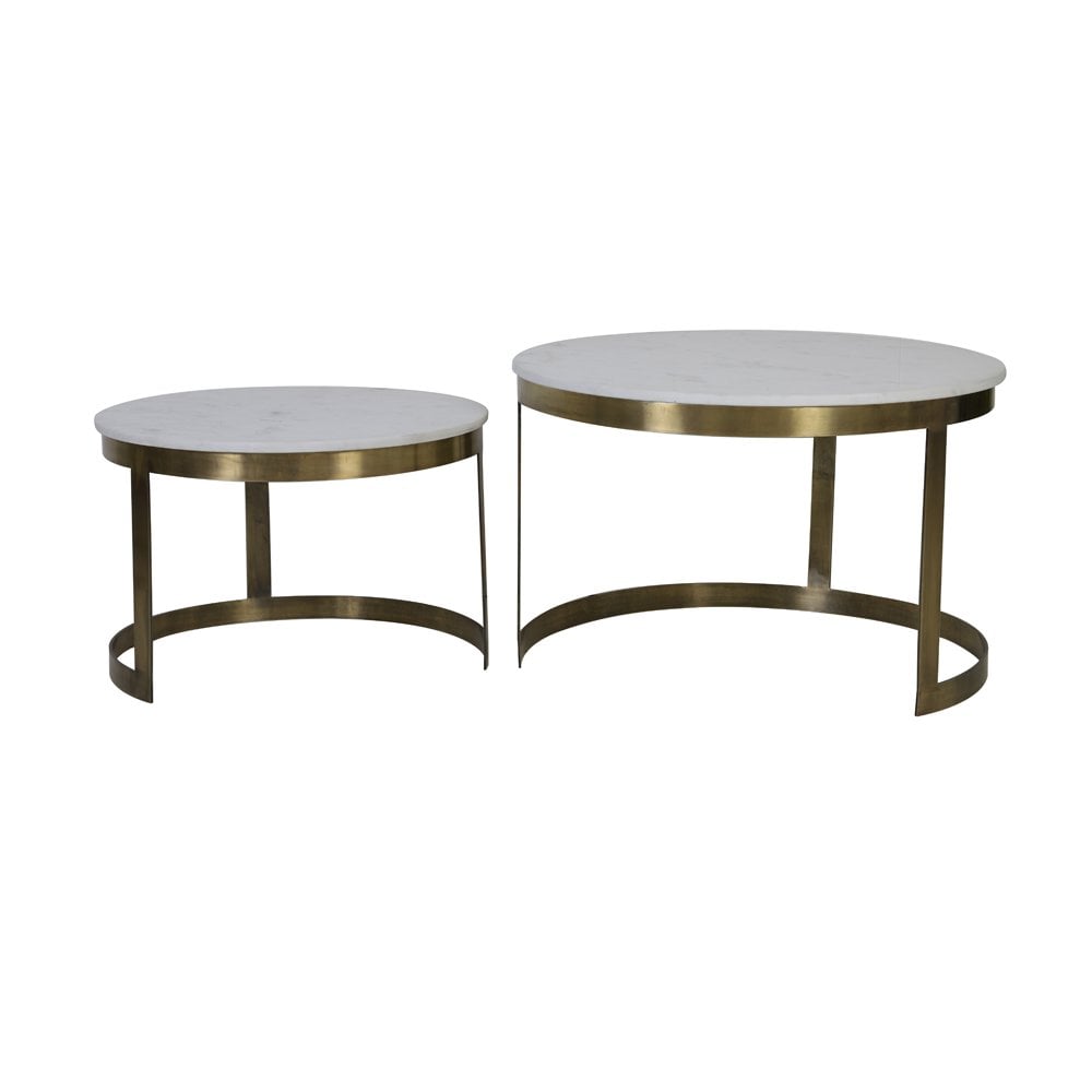 Elegant Round Coffee Table Set with Perlato Marble Tops and Antique Brass Base