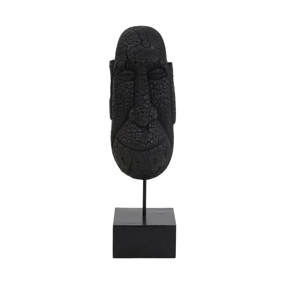 Abstract Black Mango Wood Mask Sculpture on Iron Base - 15x14x47.5cm