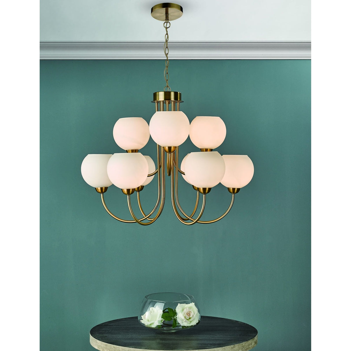 Indra 9 Light Pendant Natural Brass and Opal Glass