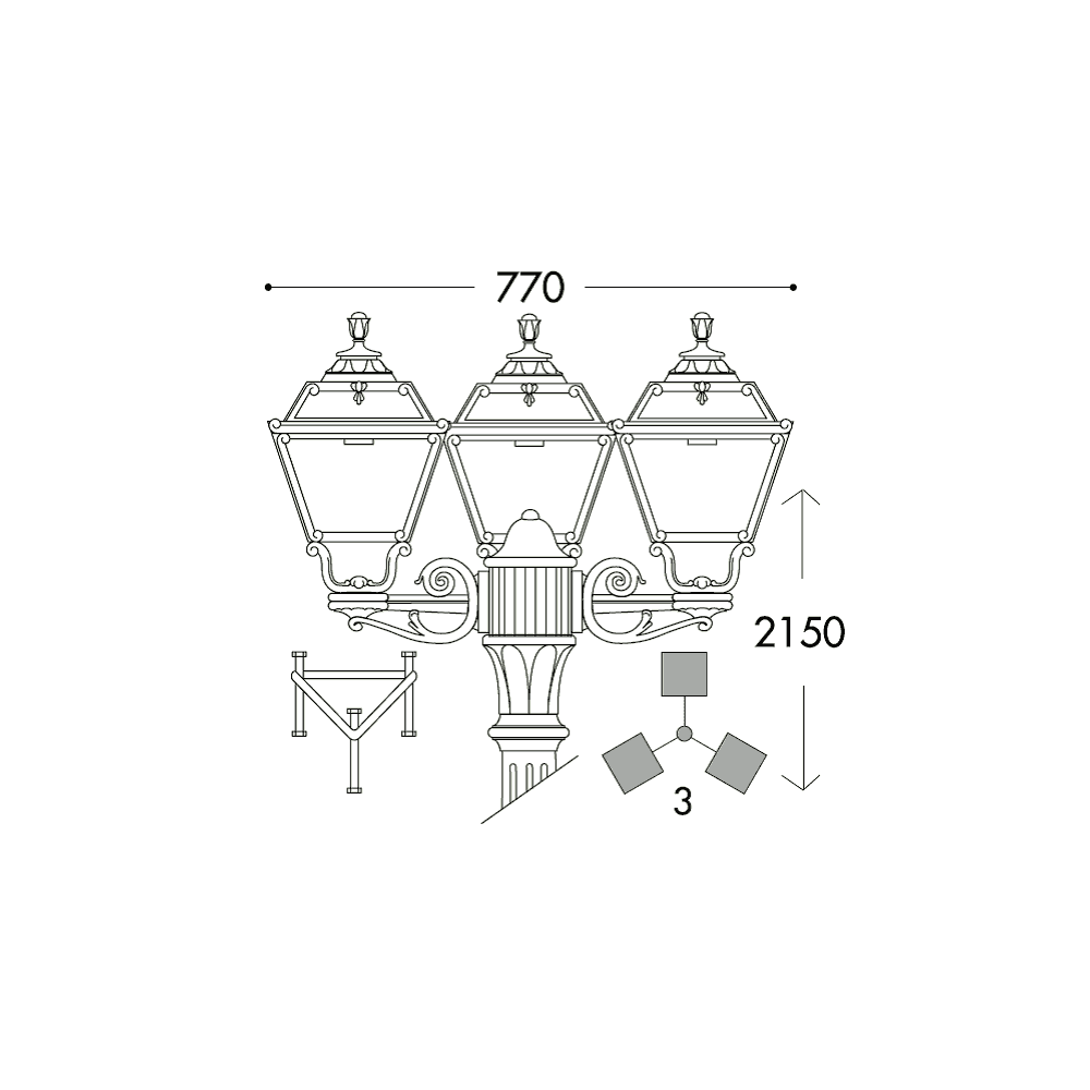 Golia Gigi-Bisso E27 Classic Black Triple Head Lantern Post