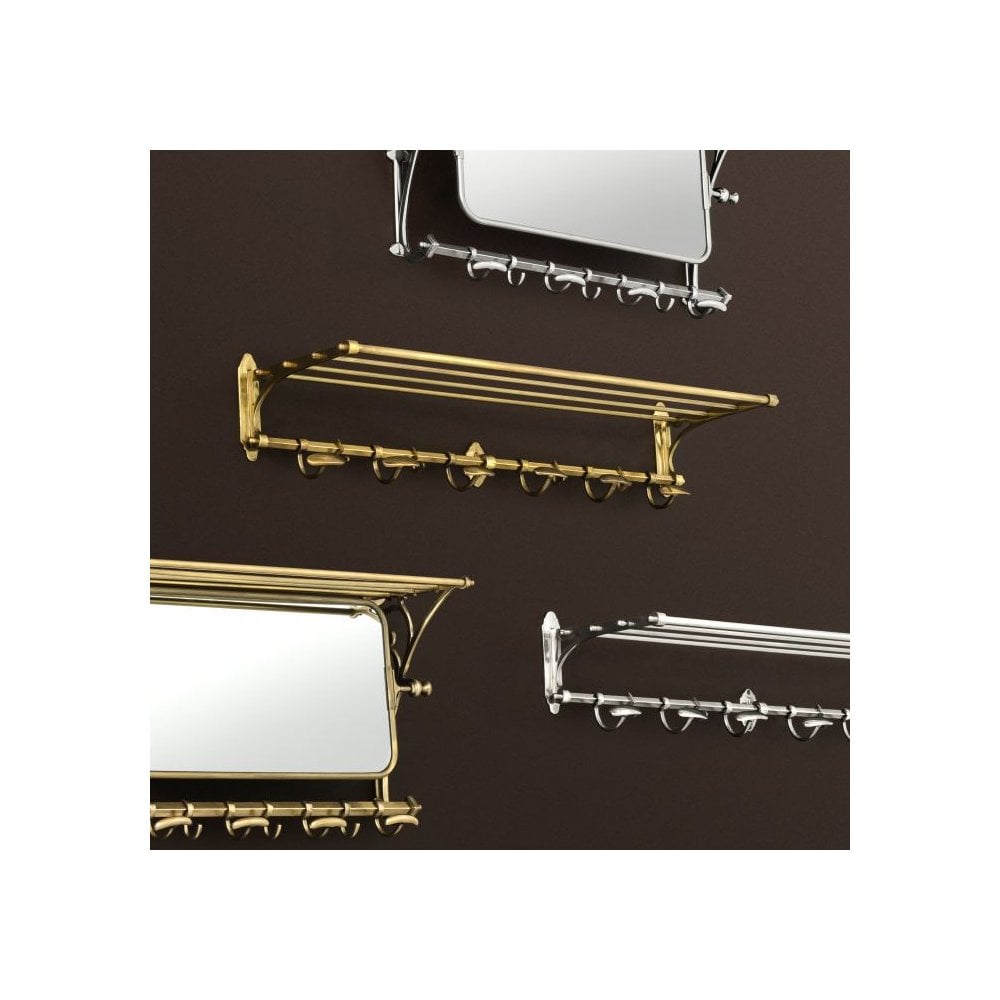 Vintage Brass Wall Rack with Adjustable Mirror and 6 Hooks, 98cm - Arini Collection