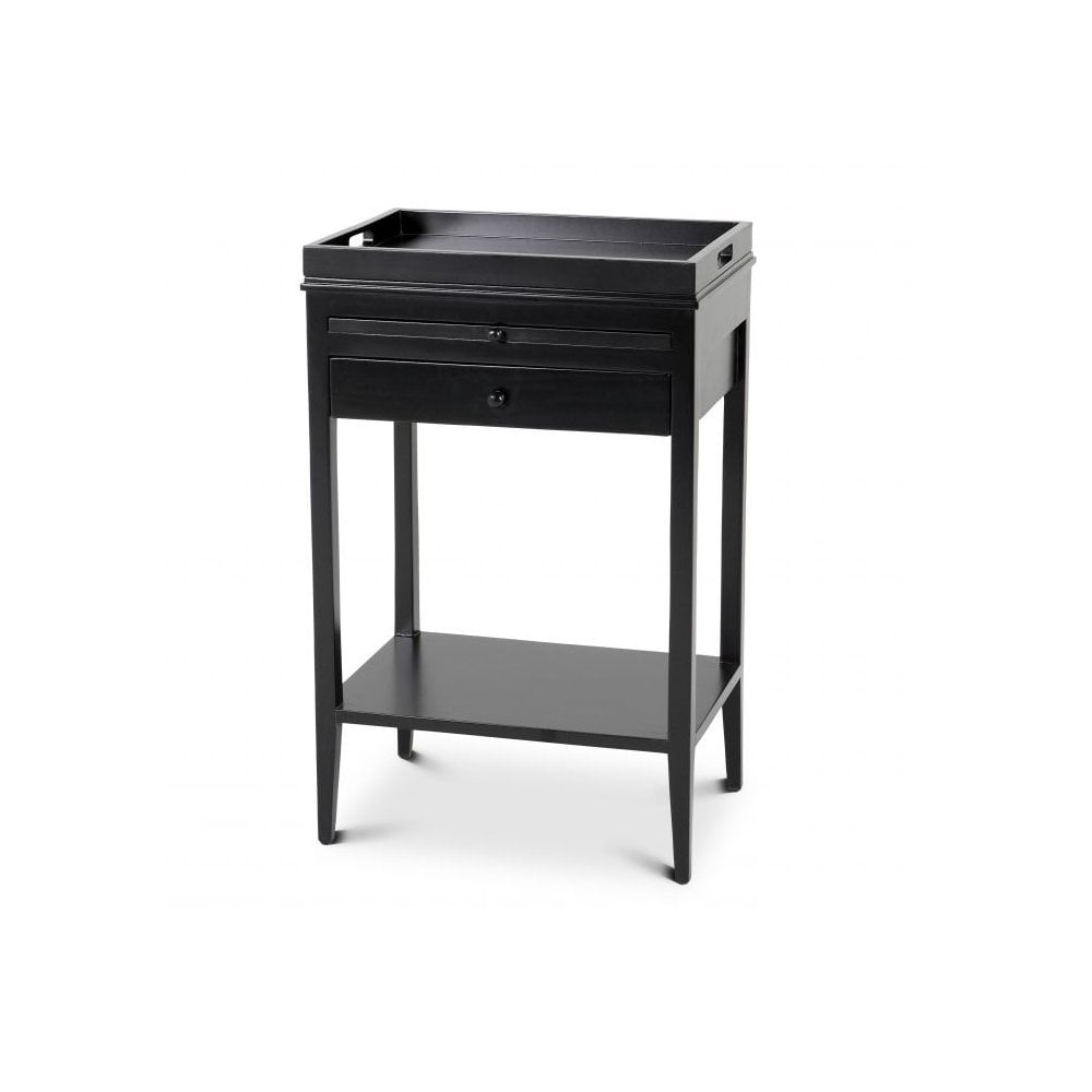 Black Broomer Side Table with Tray and Shelf