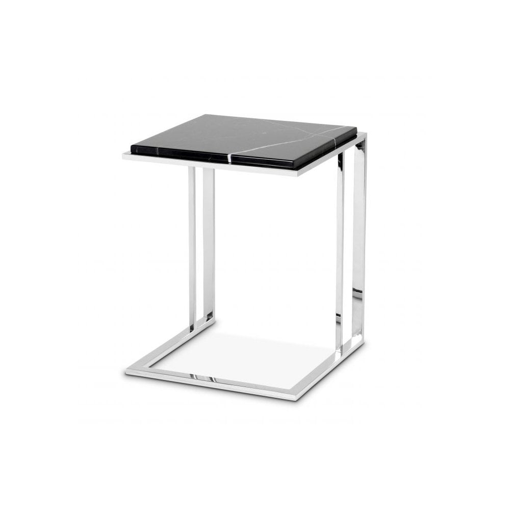 Elegant Cocktail Side Table with Polished Stainless Steel and Veined Black Marble