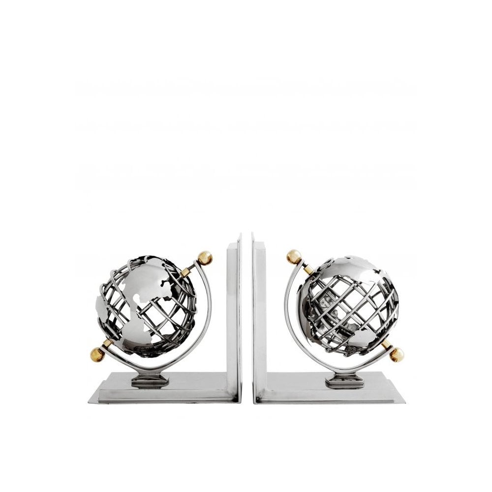 Vintage Globe Bookend Pair with Nickel and Brass Finish