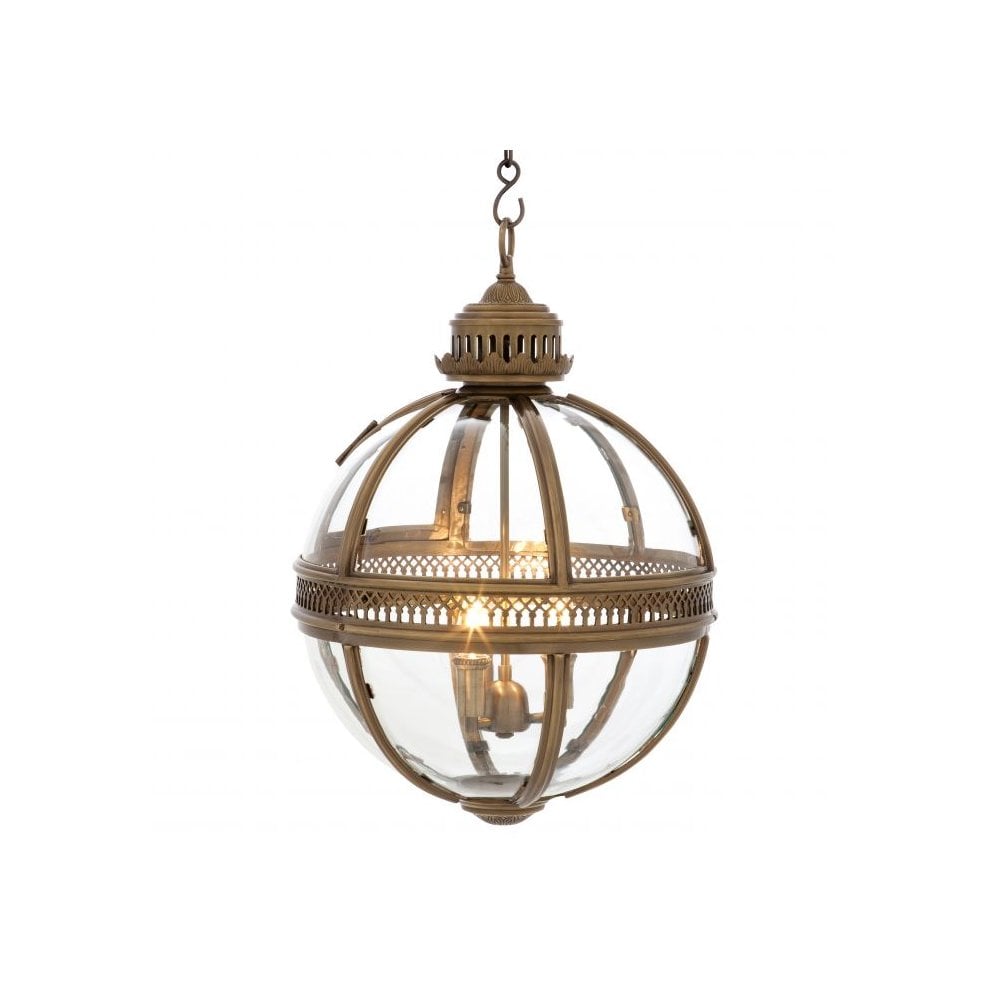 Antique Brass Lantern Pendant with Clear Glass Panels