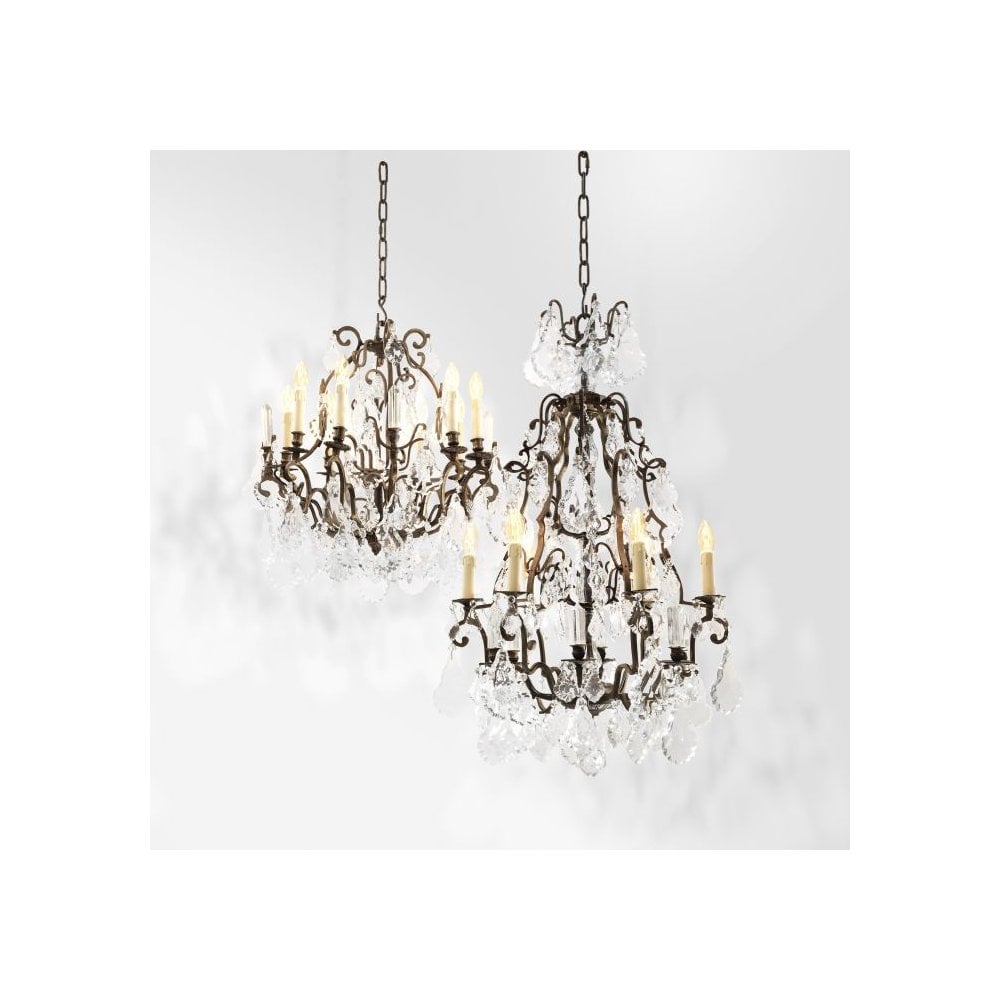 Elegant Château De Wideville Chandelier, Antique Brass with Clear Glass Accents