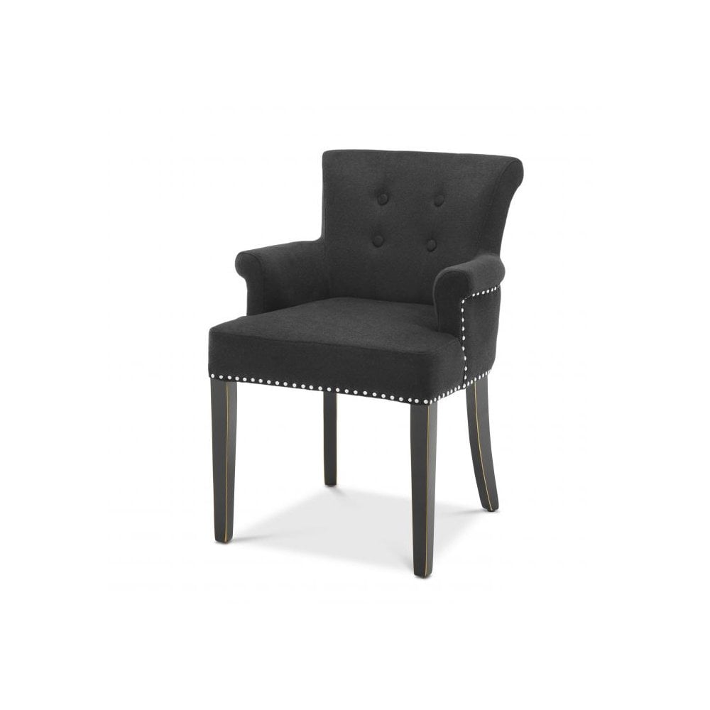 Elegant Key Largo Dining Chair with Arms - Black Cashmere Upholstery and Nickel Accents