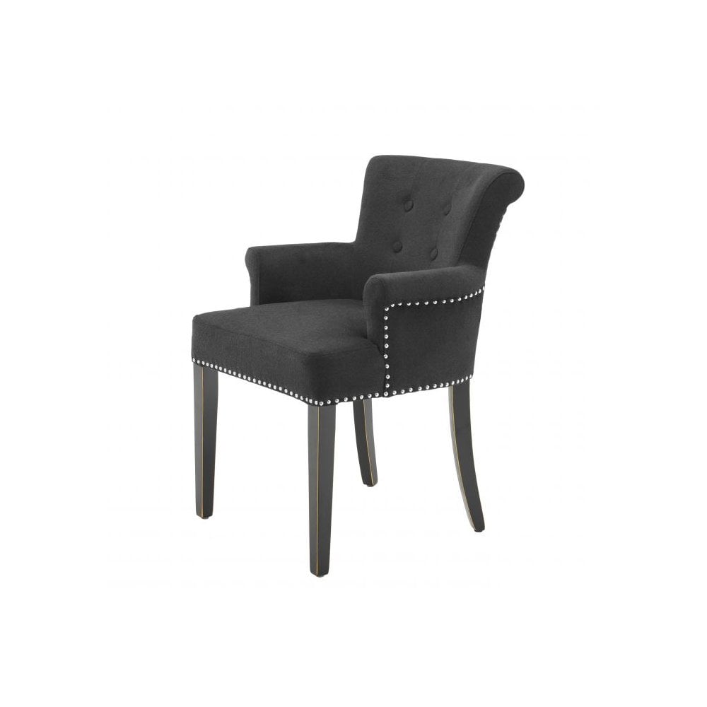 Elegant Key Largo Dining Chair with Arms - Black Cashmere Upholstery and Nickel Accents