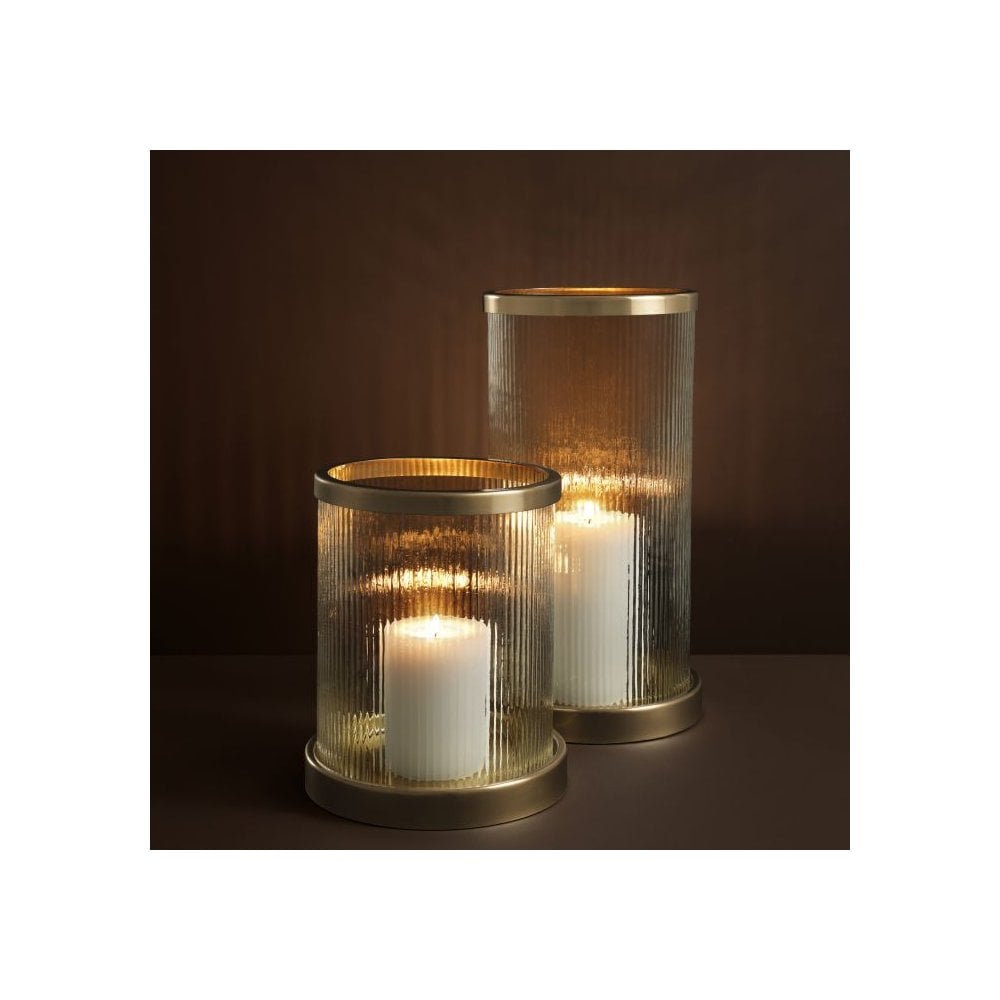 Elegant Hurricane Lamp with Antique Brass and Hand Blown Ribbed Glass