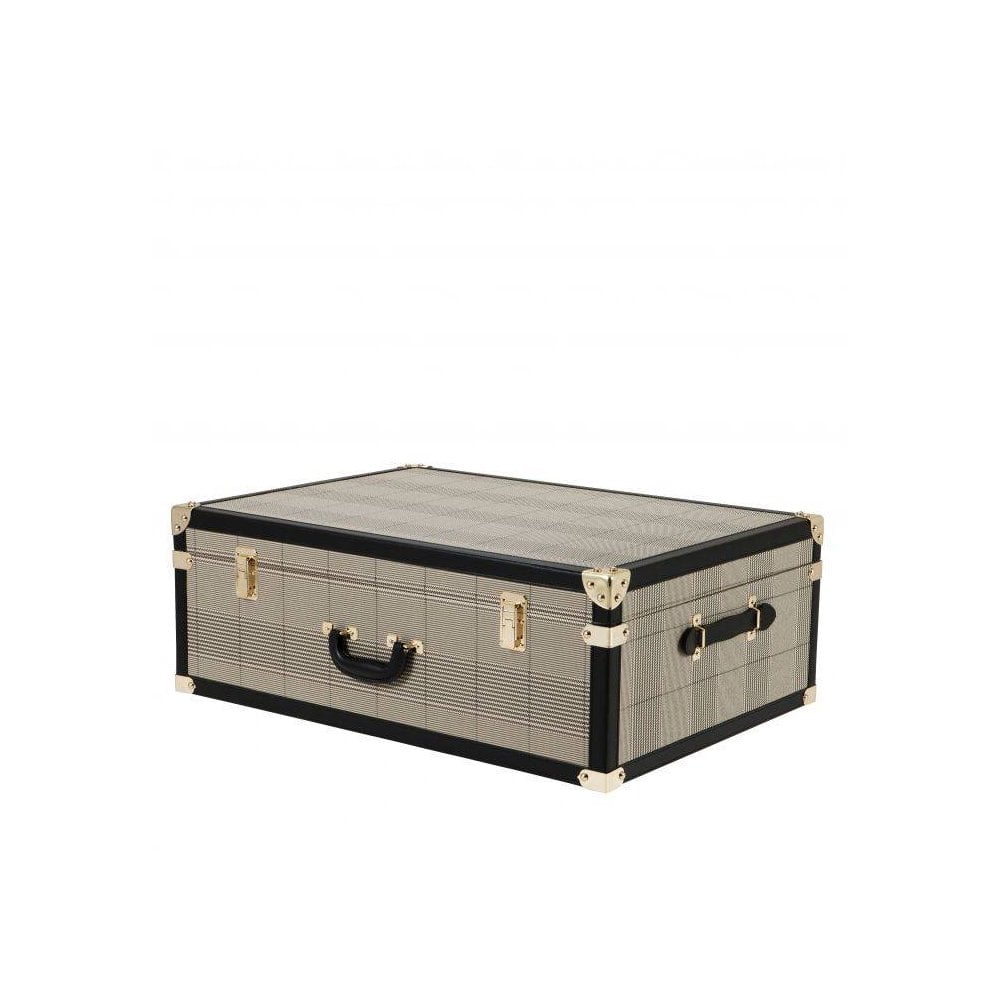 Vintage Checkered Brown Trunk Set with Brass Accents (Set of 3)