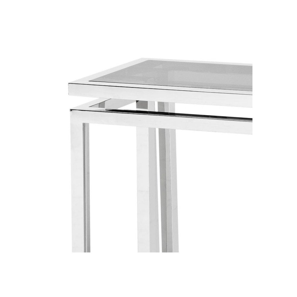 Palmer Art Deco Console Table in Polished Stainless Steel with Smoke Glass Top