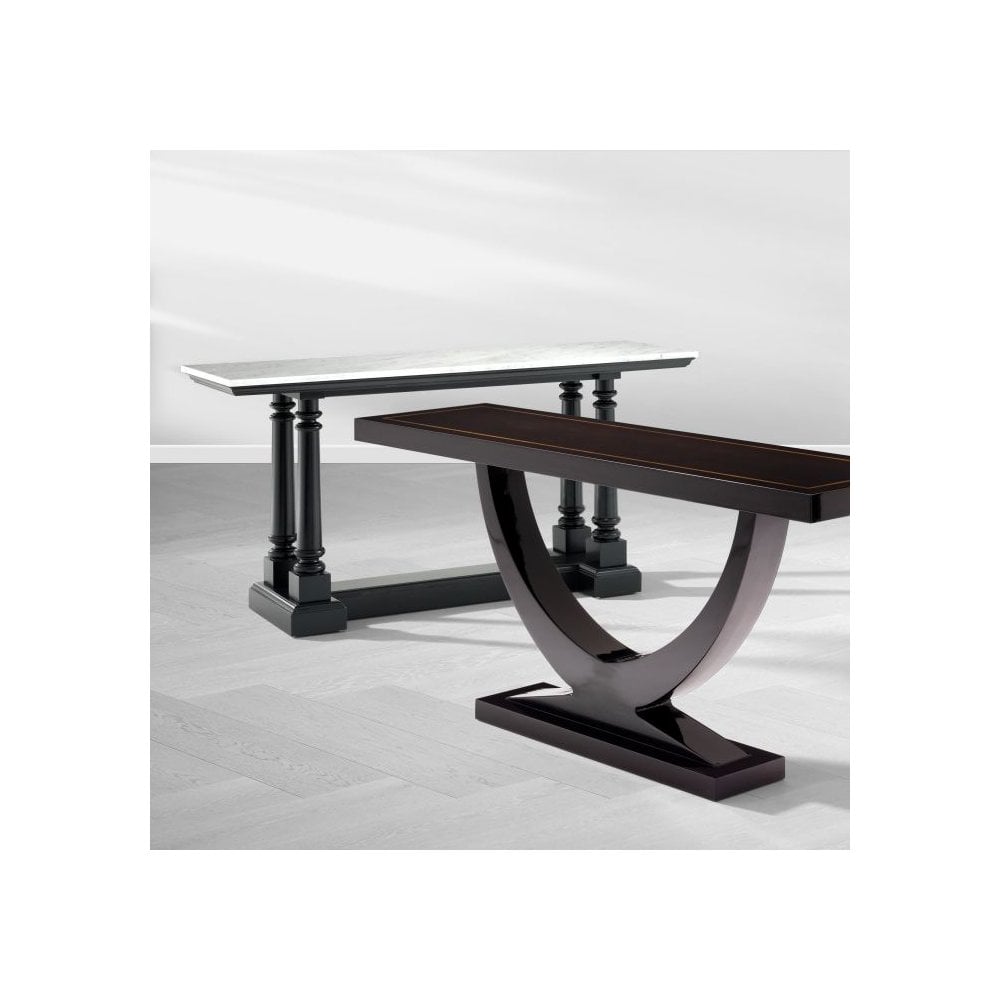 Walford Console Table: Ornamental Waxed Black Base with Elegant White Marble Top