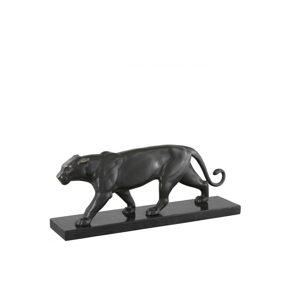 Bronze Patina Panther Sculpture on Black Marble Base
