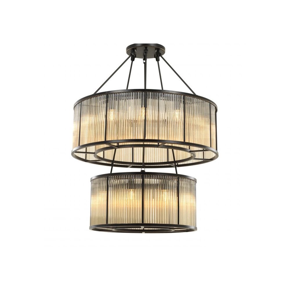 Bernardi Art Deco Chandelier, Bronze and Vintage Glass Masterpiece