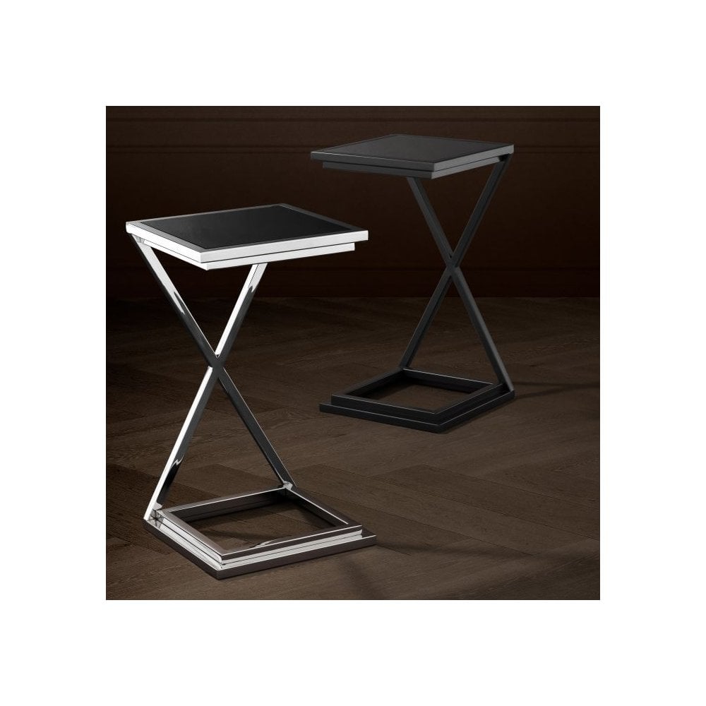 Gunmetal Cross-Legged Side Table with Black Glass Top